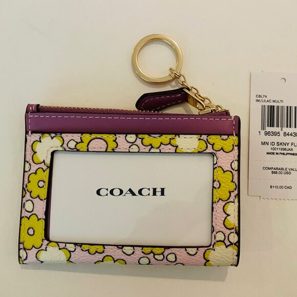 Coach Mini Skinny Id Case, wallet,key chain- Lilly Purple Pink yellow Floral - Picture 2 of 7